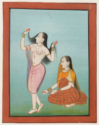 Miniatuurschilderij van een dame bij haar toilet door Indian School