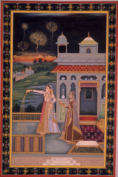 Miniatuurschilderij van dame die Diwali Festival viert, India (aquarel op papier) door Indian School