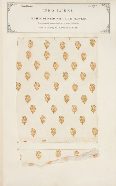 Mousselinemonster bedrukt met gouden bloemen uit Jeypore in Rajpootana, uit The Collection of the Textile Manufacturers of India, door John Forbes Watson, gepubliceerd in 1866 door Indian School