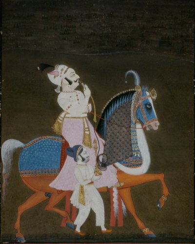 Edelman van Mewar rijdt op Mrigarao met een begeleider te voet door Indian School