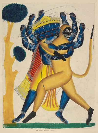 Hanuman vecht tegen Ravana, c.1865 (aquarel op papier) door Indian School