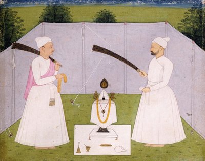 Pandits bij het persoonlijke heiligdom van Balwant Singh, c. 1750 door Indian School