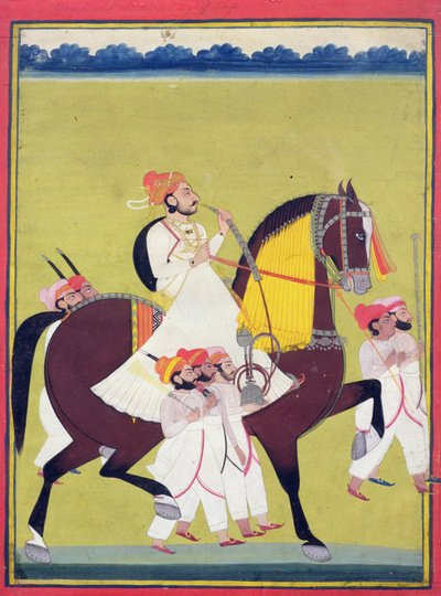 Portret van Kumbhawat Kesari Singh van Asop, rijdend op een paard, een waterpijp rokend en vergezeld door bedienden, Jodhpur, c.1810-20 door Indian School