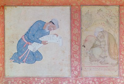 Portret van Min Musavir die een verzoekschrift aan keizer Akbar overhandigt door Indian School