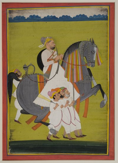 Portret van Thakur Surtan Singh van Nimbaj, te paard met begeleiders te voet door Indian School