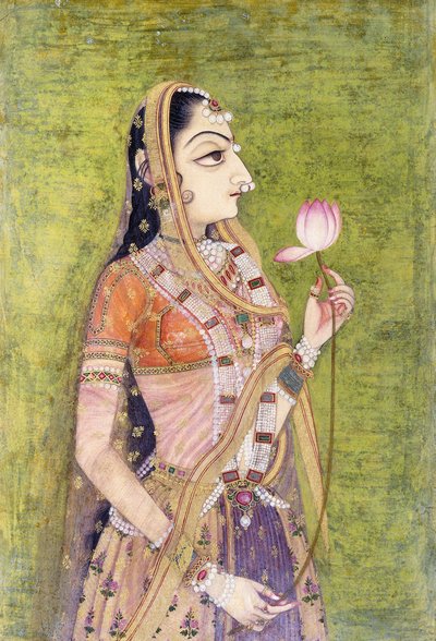 Portret van een dame met een lotus (ca. 1740-1750) door Indian School