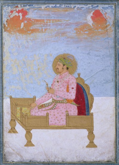 Portret van de Keizer Jahangir (1569-1627) zittend op een troon met een sarapesh, Mughal, c.1720-40 door Indian School
