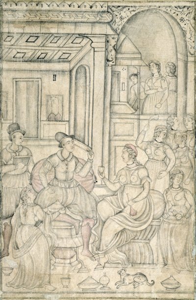 Portugese zeelieden met Indiase vrouwen (pen & inkt & aquarel op papier) door Indian School