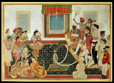 Prins Mahadaji Sindhia die een Britse legerofficier en een marineofficier vermaakt met een nautch, c.1820 door Indian School
