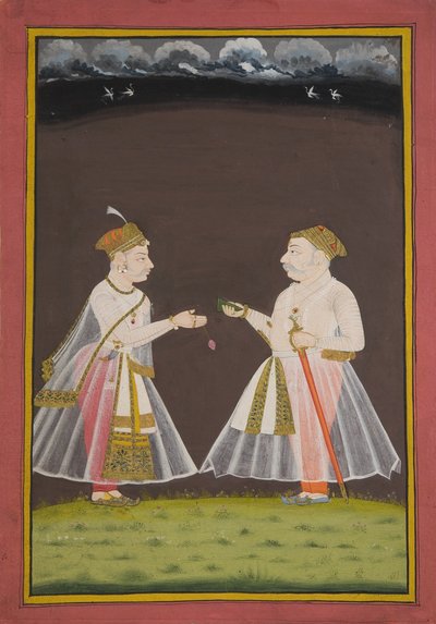 Waarschijnlijk een portret van Rana Raj Singh van Udaipur (1661-81) die pan aanbiedt aan een edelman door Indian School