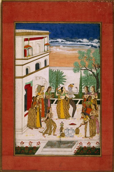 Radha en Krishna dansen, ca. 1760 door Indian School