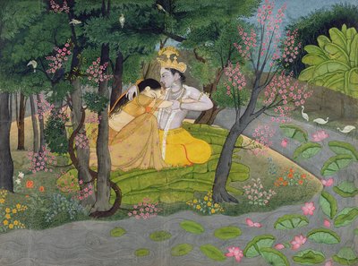 Radha en Krishna omarmen elkaar in een bos van bloeiende bomen, c.1780 door Indian School