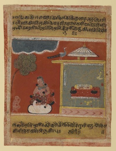 Radha smachtend naar haar geliefde, pagina uit een gedateerde Rasikapriya-serie, 1634 door Indian School