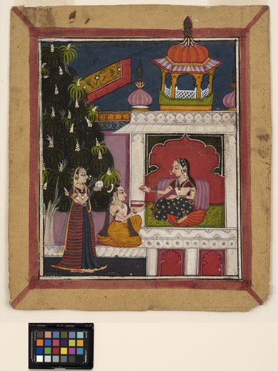 ? Raga: Een knielende man biedt een boek aan een dame in een paviljoen, ca. 1800 door Indian School