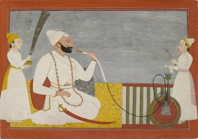 Raja Ajmat Dev van Mankot rookt een waterpijp door Indian School