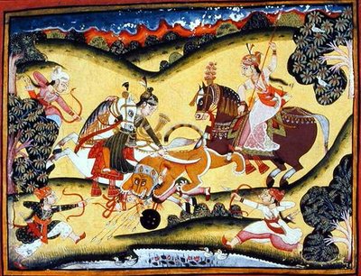 Rajput-prinsessen die een leeuw doden, Bundi School, c.1810-20 door Indian School