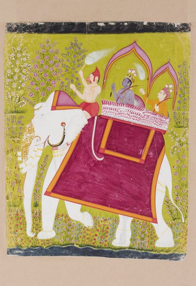 Rama en Lakshman in de howdah van een witte olifant met Hanuman als mahout, laat 18e eeuw door Indian School