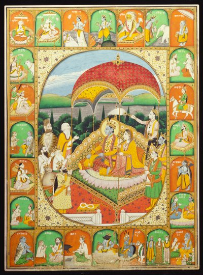 Rama en Sita op de troon, aanbeden door Shiva, Hanuman en anderen, 1800-20 door Indian School