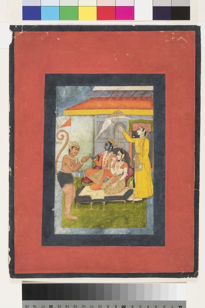 Rama en Sita op de troon, aanbeden door Hanuman; Lakshmana houdt een morchal, c.1780 door Indian School