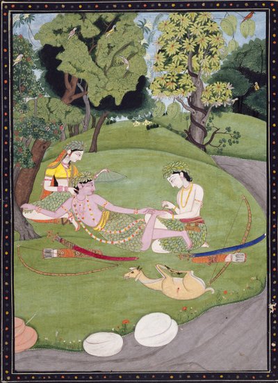 Rama leunt tegen Sita, terwijl zijn broer Laksman een doorn uit zijn voet trekt, 1845 door Indian School
