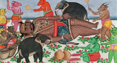 Ramayana scène: een groep demonen wekt hun prins uit winterslaap door Indian School