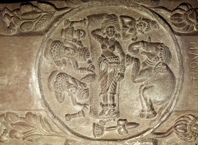 Reliëf dat de droom van Maya uitbeeldt, uit een boeddhistische stupa uit Bharhut, Madhya Pradesh, Late Mauryan Periode, Sunga Dynastie door Indian School