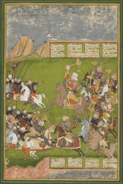 Rustam verslaat Afrasiyab, uit een Shahnama, Mughal-dynastie door Indian School