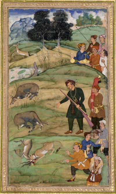 Salim, met zijn geweer, wijst naar een dode nilgai, c.1600 door Indian School