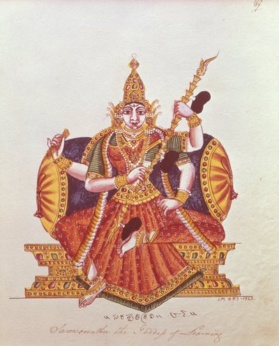 Saratheswathee, hindoeïstische godin van de kennis, met Singalees en Engels opschrift door Indian School