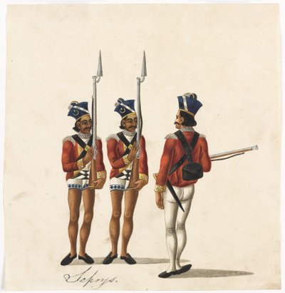 Sepoys en een Indiase officier, Bengaals leger, ca. 1815 door Indian School