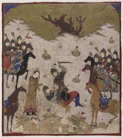 Shahru identificeert Burzu als de kleinzoon van Rustam tijdens het laatste gevecht tussen Rustam en Burzu, c.1425-50 door Indian School