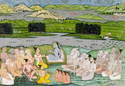 Shri Sukdevji predikt voor een menigte Sadhus, Rajasthan, c.1757 door Indian School