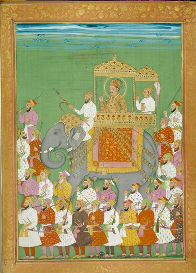 Sultan Akbar rijdt op een olifant met het hof van Shah Alem door Indian School