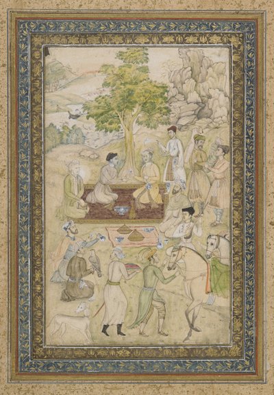 Sultan Murad en Sultan Daniyal op een picknick, los albumblad met schilderij, ca. 1900 door Indian School