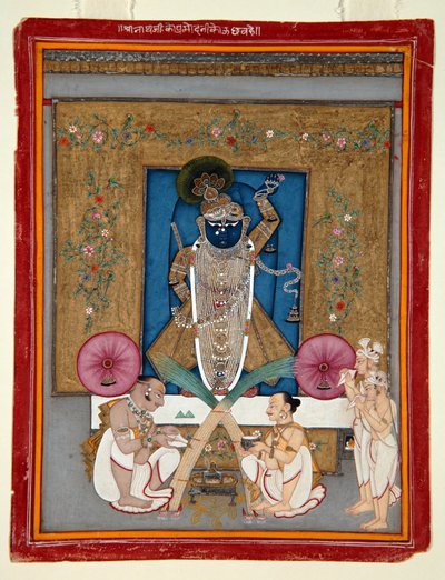 De aanbidding van Krishna als Shrinath ji, 1800-25 door Indian School