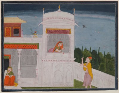 De Brahmaan Sudama en Rukmini in een paleis, pagina uit de Sudama episode van de Bhagavata Purana serie, c.1800 of later door Indian School