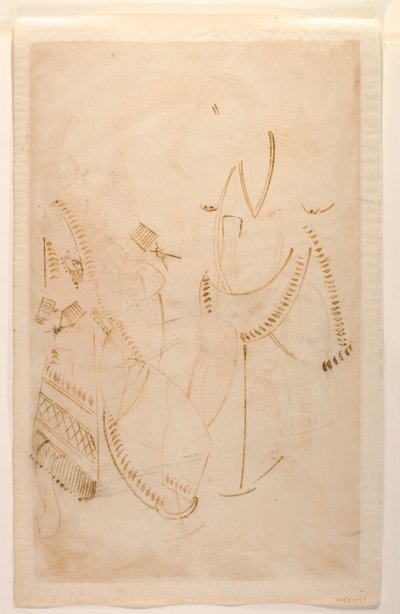 De Mahant van Tarakeshwar met zijn minnares, Elokeshi die hem pan aanbiedt, Kalighat Album, c.1880 door Indian School