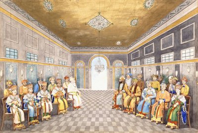 De Nawabs en koningen van Oudh in een paleisinterieur met hun bedienden, c.1800 door Indian School