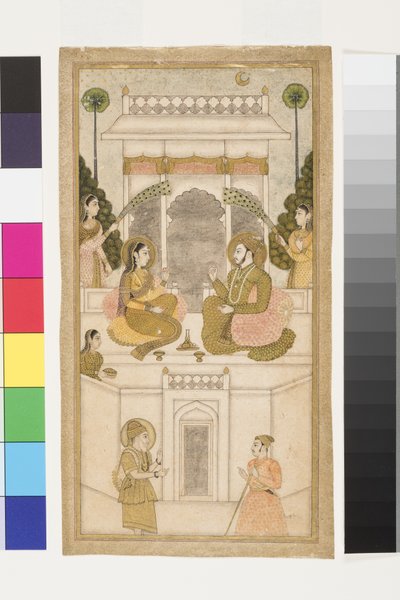 De sultan van Golconda, Quli Qutb Shah, zittend met zijn gemalin, 1700-25 door Indian School