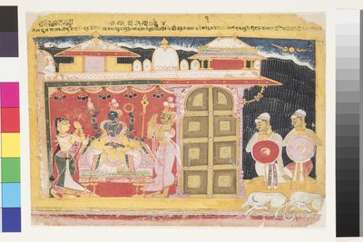 De aanbidding van Vishnu bij de geboorte van Krishna, voor 1560 door Indian School