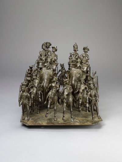 De cavalerie van de Koning van Oudh rijdend met de Britse Resident op olifanten, c.1820 door Indian School