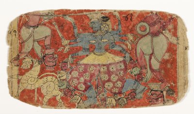 De godin Kali vecht tegen demonen, uit Durga die de demonen Shambha en Nishumbha aanvalt door Indian School