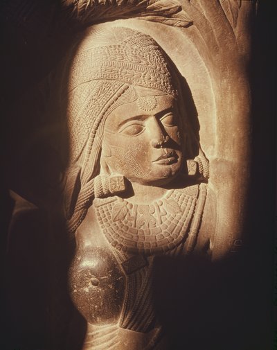 Het hoofd van een yakshini, van de poort van een boeddhistische stupa in Bharhut, Madhya Pradesh, Late Mauryan Periode, Sunga Dynastie door Indian School