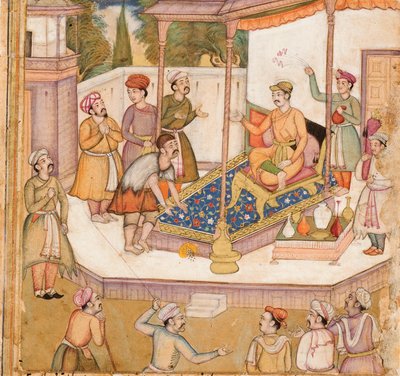 De raja wiens gast hem dagelijks om 500 dinars vroeg, c.1585 door Indian School