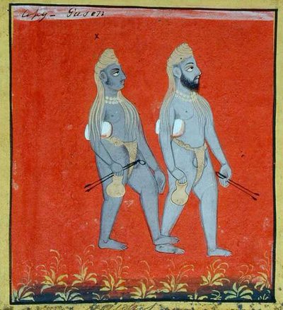 Twee Gosains, religieuze bedelaars, Udaipur, c.1810-20 (detail) door Indian School