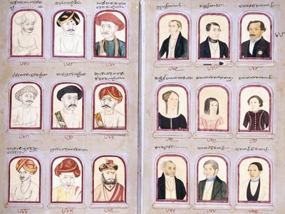 Twee bladen uit een album met inheemse en Europese portretten, c.1830-1850 door Indian School