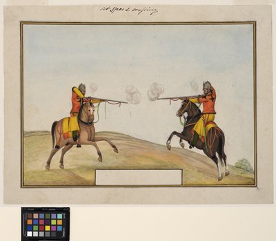 Twee bereden soldaten wisselen geweervuur uit, c.1830 door Indian School