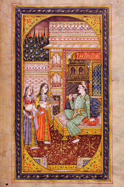Twee dienstmeisjes serveren verfrissingen aan een edelman in een rijkelijk versierde kamer, Rajasthani miniatuurschilderij door Indian School