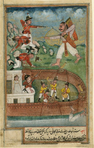 Een demon valt een fort aan verdedigd door Europese soldaten door Indian School