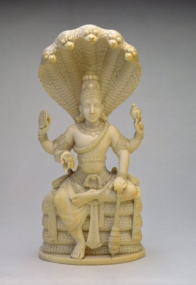 Vishnu, zittend op de Slang Sesha, met een schelp, knots, schijf en lotus door Indian School